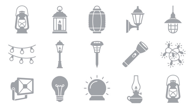 Collection of various lighting icons including lanterns, lamps, bulbs, and string lights, perfect for design elements.