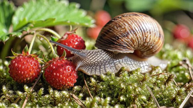 Closeup of a snail crawling on moss near wild strawberries.