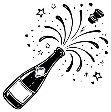 Champagne bottle exploding with celebratory bubbles and cork flying in a festive atmosphere