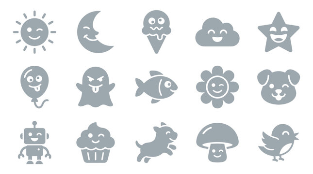 Set of cute and happy cartoon character icons, including sun, moon, ice cream, cloud, star, balloon, ghost, fish, flower, dog, robot, cupcake, goat, mushroom, and bird.