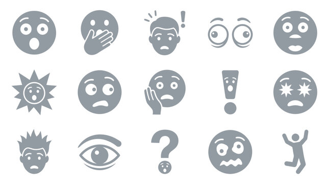 Collection of various surprised and shocked emoji icons in gray scale.