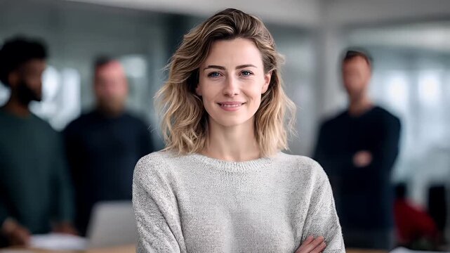 Female diversity. Human rights, equal opportunity concept. A professional portrait of a woman with shoulderlength, wavy blonde hair, wearing a light gray, textured sweater.