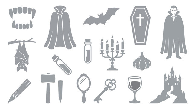 Collection of vampire-themed icons including fangs, cape, coffin, bat, garlic, and castle.