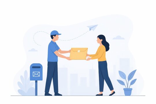 Postal delivery handoff with courier and woman exchanging package in front of mailbox