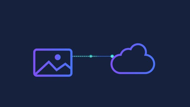 Animated motion graphics showing a document icon connecting to a digital cloud via pulsing dots. Concept of cloud-based file storage, online document synchronization, and remote data management.