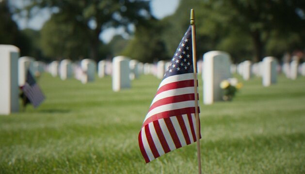 A small American flag standing in a cemetery with rows of white headstones in the background, commemorating Memorial Day or Veterans Day.