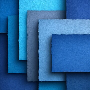 Blue textured paper layers with deckle edges overlapping in abstract geometric composition creating depth and shadows for modern minimalist design projects and artistic layouts