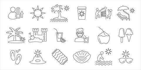 Fototapeta premium summer icon set bundle. beach, sun, vacation, holiday, travel, sea, nature and more. simple flat line vector