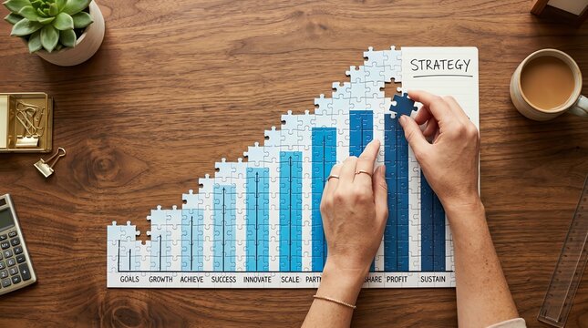 Hands fitting the final piece of a bar graph puzzle, symbolizing successful business strategy, growth, and achievement of goals on a wooden desk