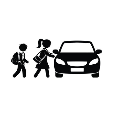 Schoolchildren stand near a car to symbolize a safe drop off zone for students.