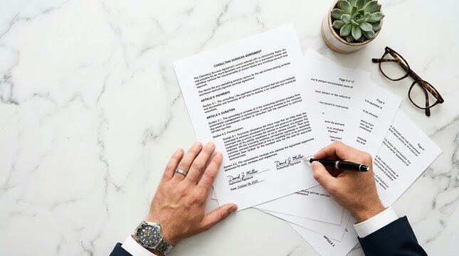 Professional hands signing a significant business contract or legal document with a pen on a polished marble desk, symbolizing agreement, commitment, and the finalization of an important deal