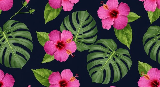 A vibrant seamless pattern featuring tropical foliage with striking magenta hibiscus and emerald monstera leaves on a deep navy backdrop, wallpaper, hibiscus, saturation