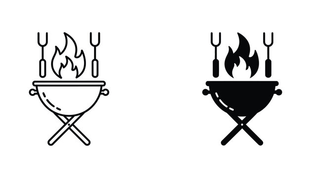 Barbecue grill with fire and cooking tools icon set in outline and solid black silhouette styles for outdoor cooking and restaurant themes