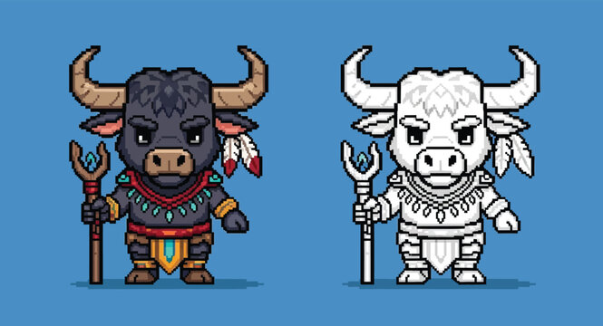 Pixel art illustration of a cute tribal bull shaman character holding a staff, presented in both full color and black and white outline versions.
