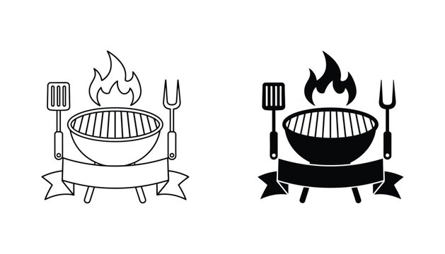 Barbecue grill station vector icon set with spatula and tongs and flaming fire element for outdoor cooking and restaurant menu design