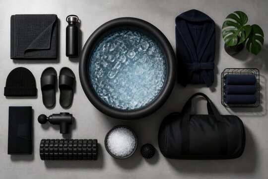 Flat lay of cold plunge recovery gear with towel robe water bottle and massage tools on gray background