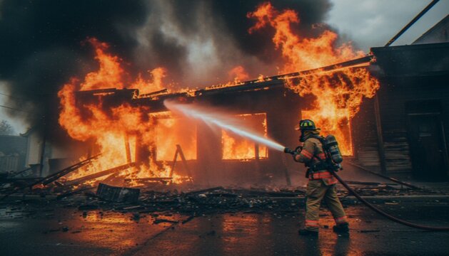 A firefighter in full protective gear aims a hose to battle a raging structural fire consuming a building.
