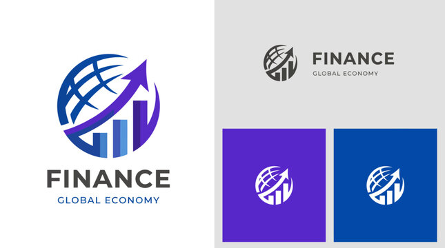 This finance logo features a globe and upward arrow, representing global economy and growth, suitable for financial services and investment firms wanting to convey trust.