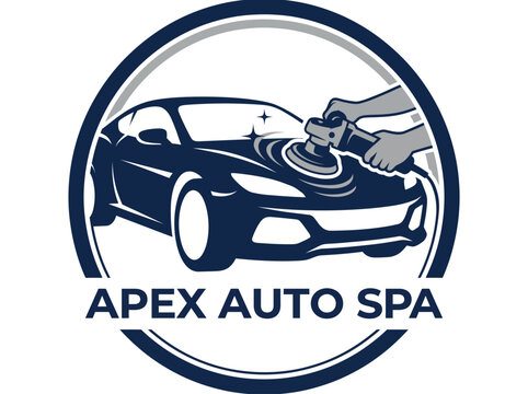An auto spa logo features a sleek car illustration with detailing tools, emphasizing car care and maintenance services that promise high-quality and professional service.