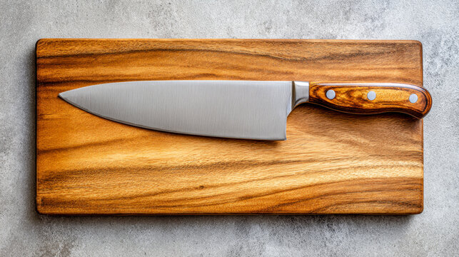 High-quality kitchen knife with a wooden handle resting on a rich wood cutting board against a textured gray surface background