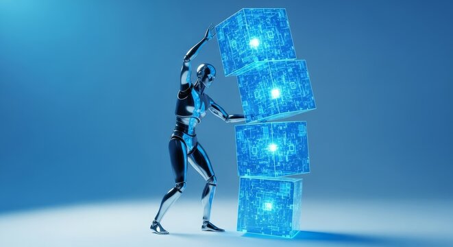 A sleek metallic robot struggles to balance a tall, precarious stack of glowing blue holographic cubes that appear to be slipping away, automation, overloaded, light