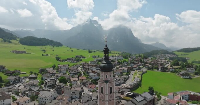 Aerial shot of Castelrotto village in the Italian Dolomites