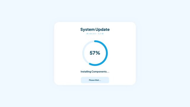 System update window with liquid blue circular progress indicator and restart button option