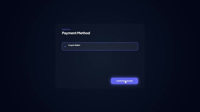 High-tech software checkout interface with crypto wallet payment method and purple glow processing indicator
