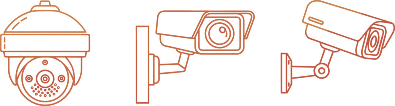 Security camera icon set featuring dome and bullet surveillance systems for home safety, monitoring, and professional surveillance graphic design projects.
