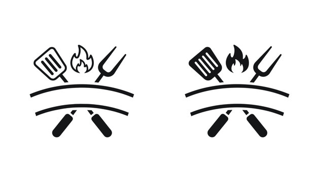Barbecue grilling tools icon set featuring spatula and fork with flames and banner for summer cookout restaurant menu or outdoor event branding