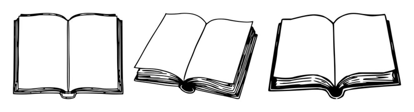 Books set with black line art, white background featuring books, pages, cover with illustration and design and typography and reading