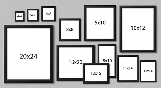 Set of black wooden picture frames with diverse sizes on grey wall interior collection photography arrangement minimalist rectangular decoration