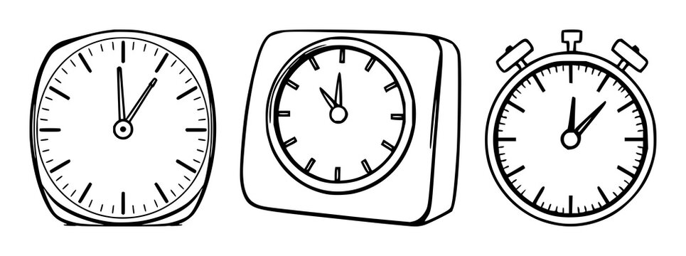 Timer set with black line art on white background featuring countdown, stopwatch, timekeeping with minimalist and vector illustration