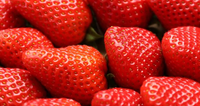 Many fresh ripe strawberries as background, closeup. Camera spinning