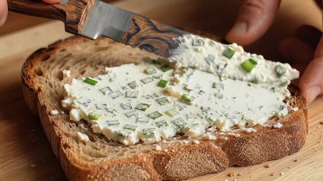 Spreading fresh cream cheese with chives on toasted sourdough bread