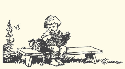 Child reading book on bench outdoors with cat and butterfly illustration outdoors butterfly illustration childhood innocence learning education knowledge foxglove relaxation peaceful © bbilfunk
