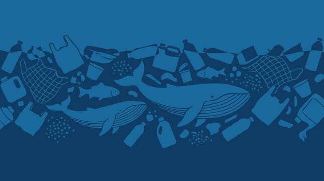 Plastic Waste Floating in Deep Blue Ocean