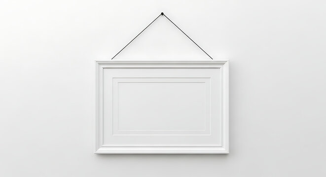 White empty picture frame hanging on plain white wall mockup with minimalist template interior background