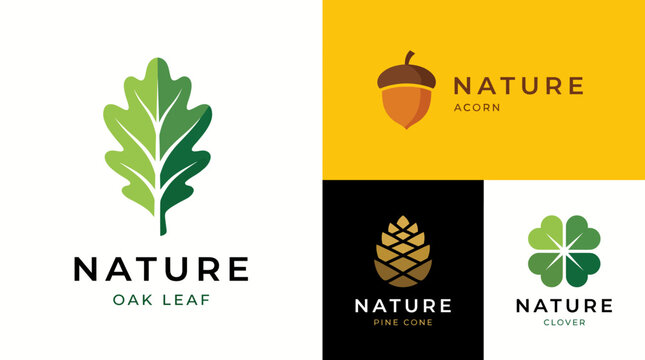 This collection includes various nature-themed logos featuring leaves, acorns, pine cones, and clovers, emphasizing sustainability and the beauty of nature in branding.