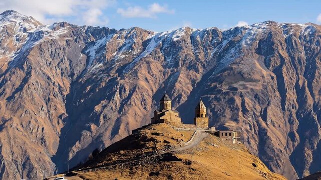 Gergeti Trinity Church on a hilltop with snow-capped Caucasus mountains