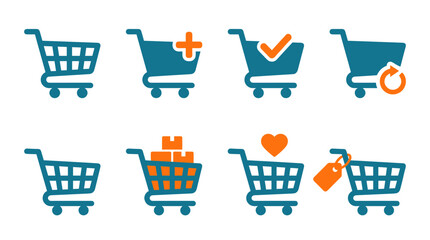 Digital Shopping Cart Icons: A collection of various digital shopping cart icons, each representing different online store actions or states, suitable for e-commerce design. © Duran