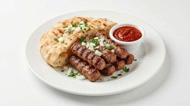 Serbian cevapi grilled meat sausages on white background
