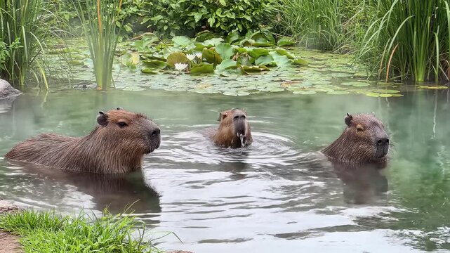 Three capybaras swimming in a steaming hot spring pond with water lilies