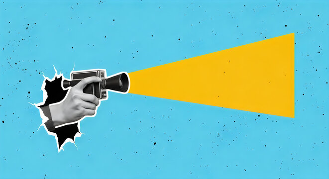 A hand holding retro film camera. Vintage cinema poster. Contemporary flat design art collage.