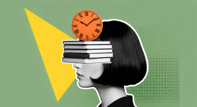 Tired woman with a stack of books, chaos of papers and clock on his head, concept of time management, baggage of knowledge, overwork, cyber hygiene, contemporary art collage, Generative AI