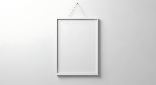 Minimalist white picture frame mockup hanging on a plain wall with minimalist interior contemporary template vertical rectangle background