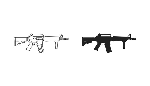 Military assault rifle weapon icon set in outline and solid black style for tactical gaming and defense related graphic design projects
