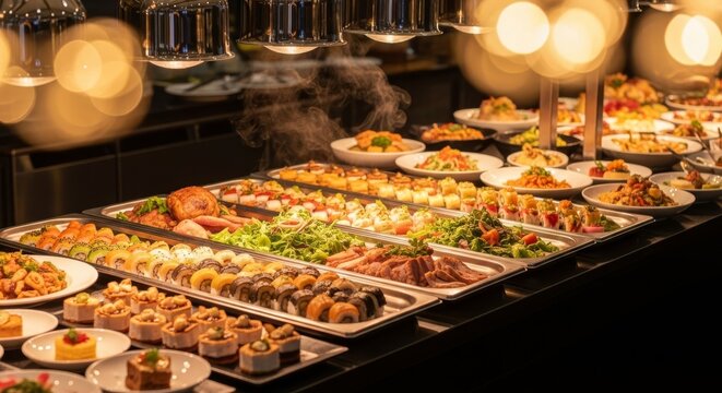 A lavish buffet spread featuring various international dishes arranged on long counters with stainless steel serving trays and warm lights, colorful, abundance, kitchen