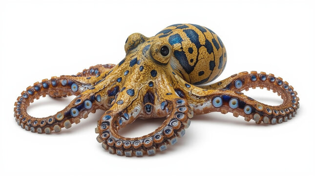 Realistic Blue Ringed Octopus Glowing Rings Venomous Detailed White Background Photography