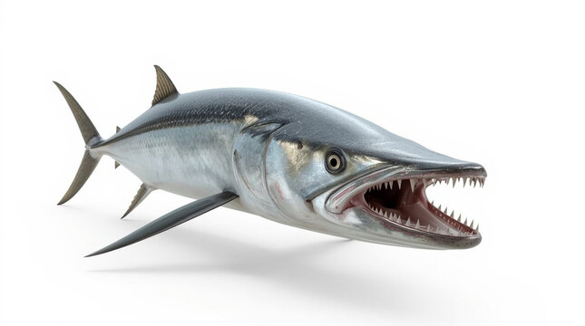 Realistic Barracuda Predator Sharp Teeth Silvery Scales White Background Photography